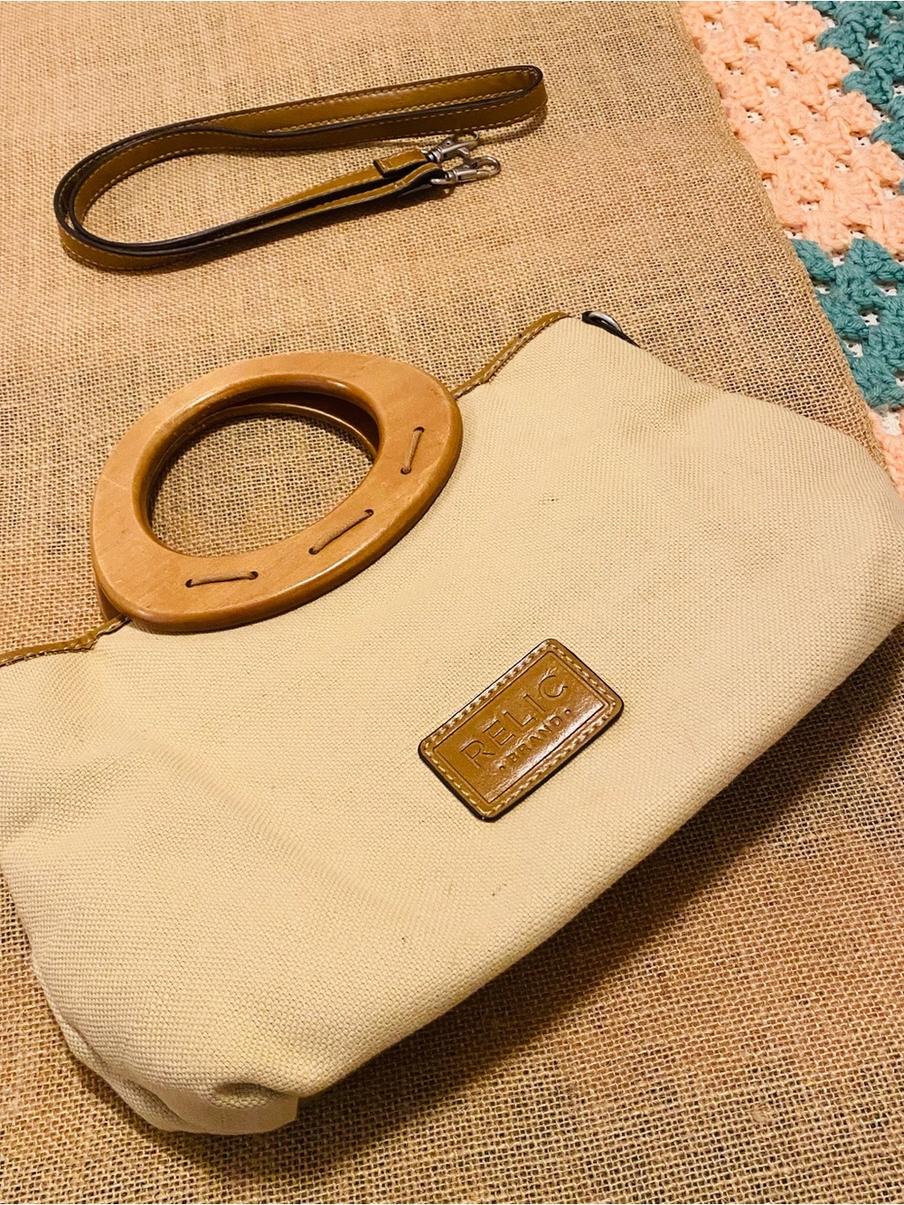 RELIC BRAND Canvas Floral Applique Tote with Wooden Handles - Beige